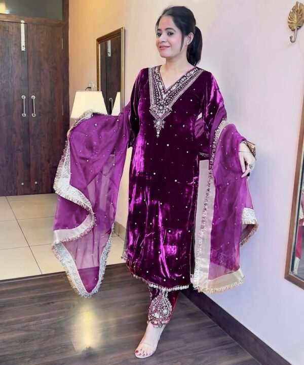 Purple Color Viscose Velvet Fabric Sequence Work Suit