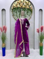 Purple Color Viscose Velvet Fabric Sequence Work Suit