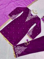 Purple Color Viscose Velvet Fabric Sequence Work Suit