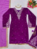 Purple Color Viscose Velvet Fabric Sequence Work Suit
