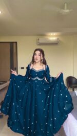 Rama Blue Color Faux Georgette Fabric Thread With Sequence Work Anarkali Suit