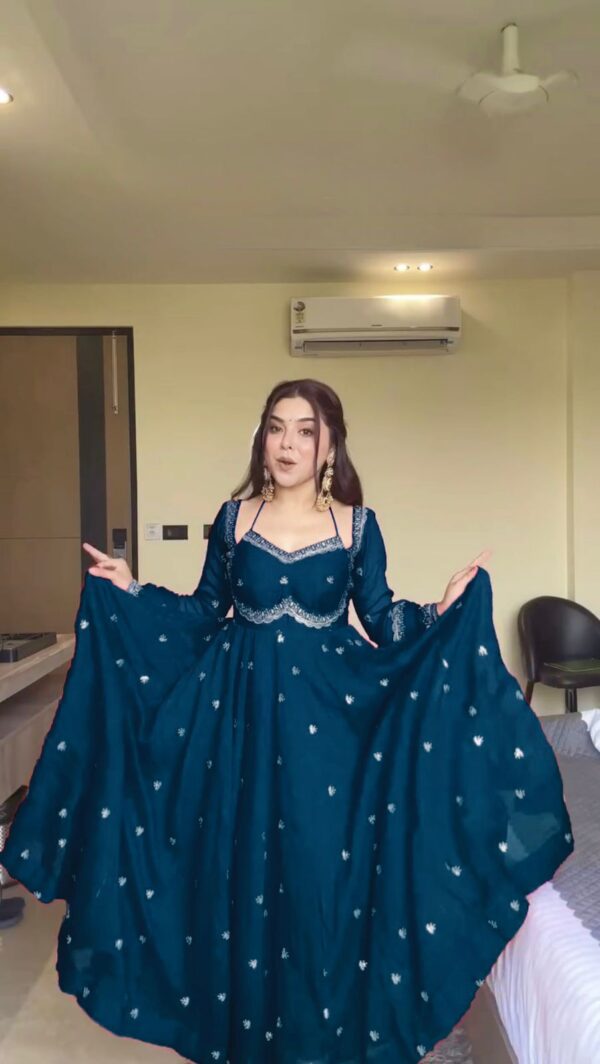 Rama Blue Color Faux Georgette Fabric Thread With Sequence Work Anarkali Suit