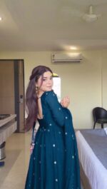 Rama Blue Color Faux Georgette Fabric Thread With Sequence Work Anarkali Suit