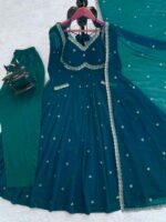 Rama Blue Color Faux Georgette Fabric Thread With Sequence Work Anarkali Suit