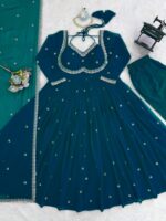 Rama Blue Color Faux Georgette Fabric Thread With Sequence Work Anarkali Suit