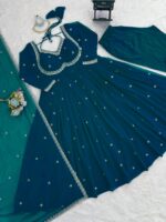 Rama Blue Color Faux Georgette Fabric Thread With Sequence Work Anarkali Suit