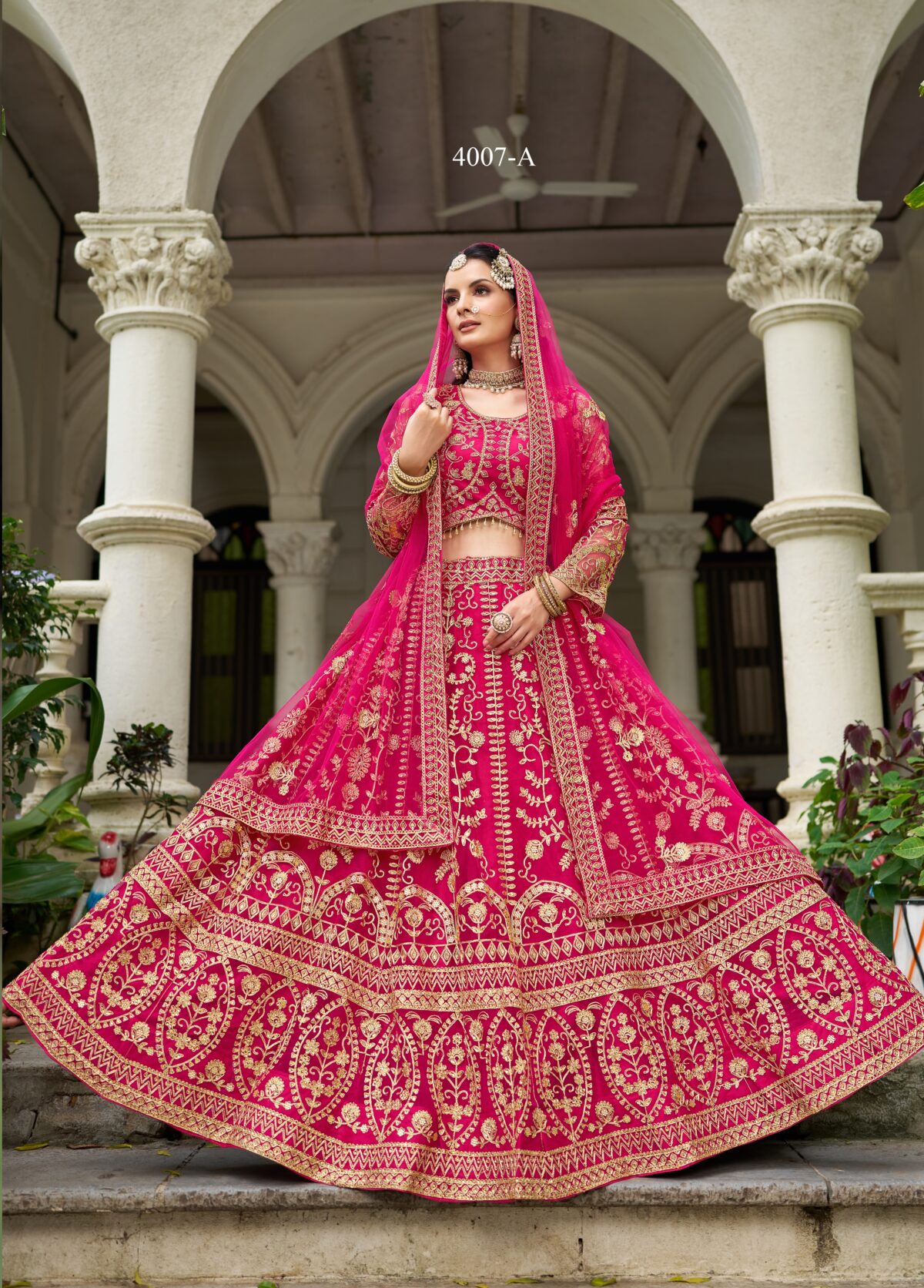 Rani Pink Color Butterfly Net Fabric Embroidery Work Bridal Lehenga
