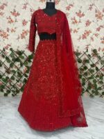 Red Color Faux Georgette Fabric Sequence Work Lehenga
