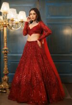 Red Color Faux Georgette Fabric Sequence Work Lehenga