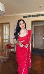 Red Color Georgette Fabric Pearl Work Ready To Wear Saree