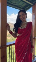 Red Color Georgette Fabric Pearl Work Ready To Wear Saree