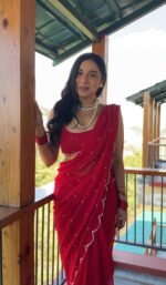 Red Color Georgette Fabric Pearl Work Ready To Wear Saree