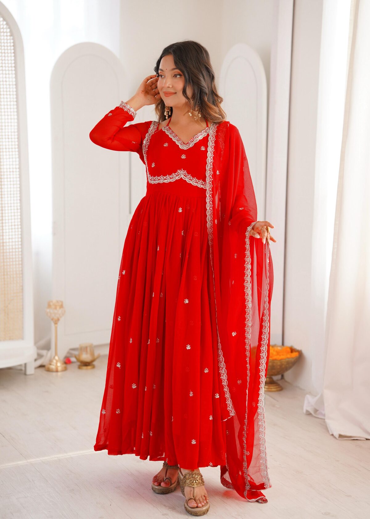 Red Color Georgette Fabric Sequence Work Gown