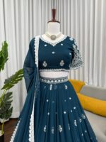 Teal Blue Color Faux Georgette Fabric Sequence Work Lehenga