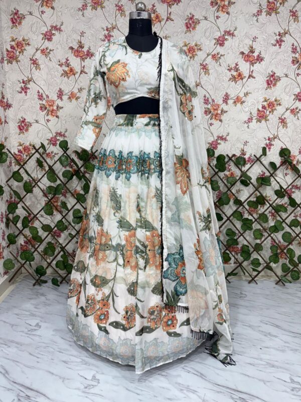 White Color Tabby Silk Fabric Digital Print Work Lehenga