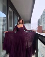 Wine Color Faux Georgette Fabric Ruffle Style Anarkali Suit