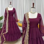 Wine Color Faux Georgette Fabric Ruffle Style Anarkali Suit