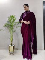 Wine Color Velvet Fabric Sequence Work Ready To Wear Saree