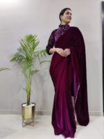 Wine Color Velvet Fabric Sequence Work Ready To Wear Saree