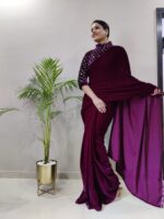 Wine Color Velvet Fabric Sequence Work Ready To Wear Saree