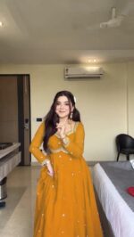 Yellow Color Faux Georgette Fabric Thread With Sequence Work Anarkali Suit