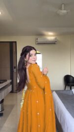 Yellow Color Faux Georgette Fabric Thread With Sequence Work Anarkali Suit