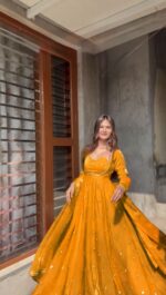 Yellow Color Fendi Silk Fabric Sequence Work Anarkali Suit
