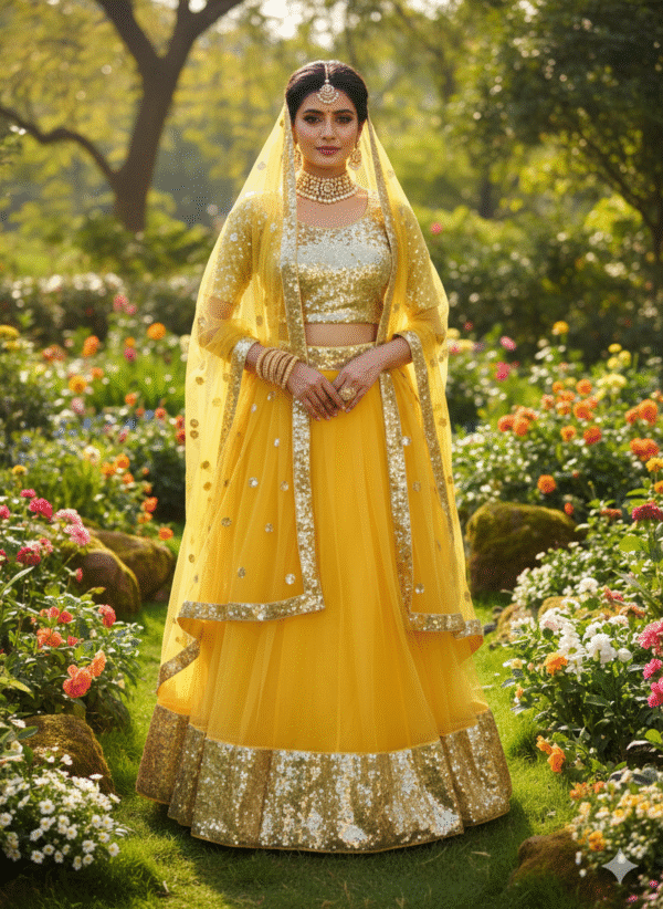 Yellow Color Heavy Butterfly Net Fabric Sequence Work Lehenga