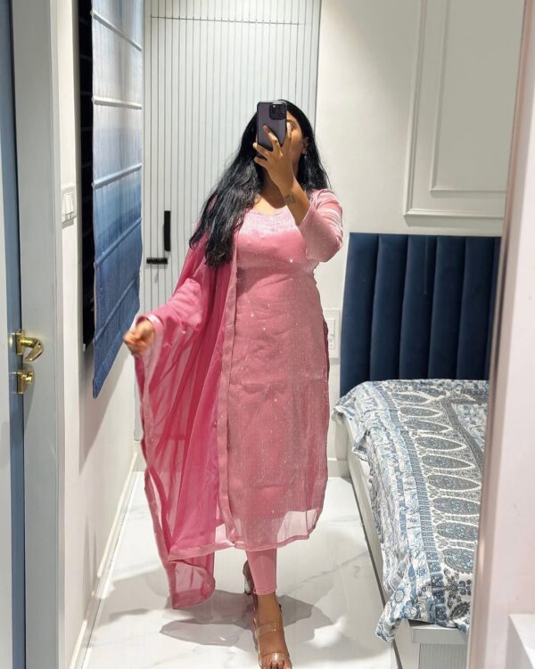 Baby Pink Color Burberry Silk Fabric Hot Fix Work Suit