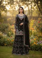 Black Color Jimmy Choo Fabric Pearl Work Sharara Set