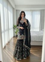 Black Color Jimmy Choo Fabric Pearl Work Sharara Set