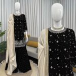 Black Color Viscose Velvet Fabric Pearl Work Palazzo Suit