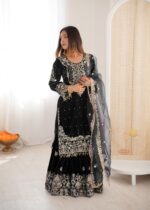 Black Color Viscose Velvet Fabric Pearl Work Sharara Suit