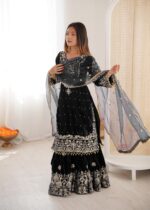 Black Color Viscose Velvet Fabric Pearl Work Sharara Suit