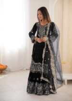 Black Color Viscose Velvet Fabric Pearl Work Sharara Suit