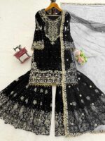 Black Color Viscose Velvet Fabric Pearl Work Sharara Suit