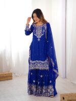 Blue Color Faux Georgette Fabric Sequence And Thread With Pearl Work Sharara Set