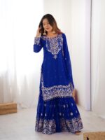 Blue Color Faux Georgette Fabric Sequence And Thread With Pearl Work Sharara Set