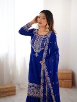 Blue Color Faux Georgette Fabric Sequence And Thread With Pearl Work Sharara Set