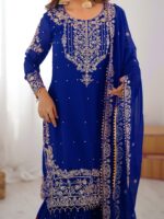 Blue Color Faux Georgette Fabric Sequence And Thread With Pearl Work Sharara Set