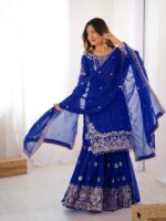Blue Color Faux Georgette Fabric Sequence And Thread With Pearl Work Sharara Set