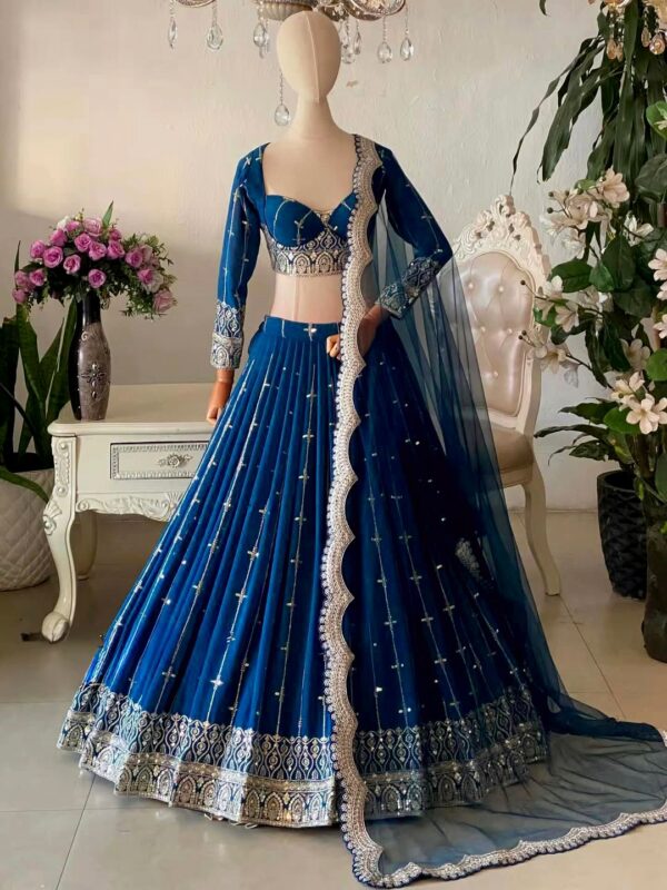 Blue Color Faux Georgette Fabric Sequence Work Lehenga