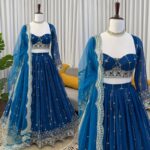 Blue Color Faux Georgette Fabric Sequence Work Lehenga