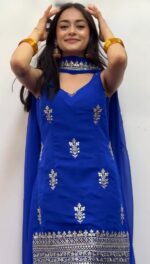 Blue Color Faux Georgette Fabric Sequence Work Palazzo Set