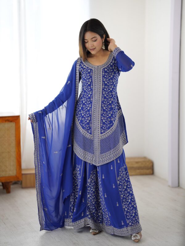 Blue Color Faux Georgette Fabric Sequence Work Palazzo Suit