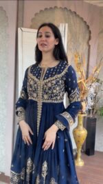 Blue Color Faux Georgette Fabric Sequence Work Suit