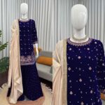 Blue Color Viscose Velvet Fabric Pearl Work Palazzo Suit