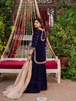 Blue Color Viscose Velvet Fabric Pearl Work Palazzo Suit