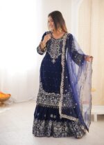 Blue Color Viscose Velvet Fabric Pearl Work Sharara Suit