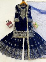Blue Color Viscose Velvet Fabric Pearl Work Sharara Suit